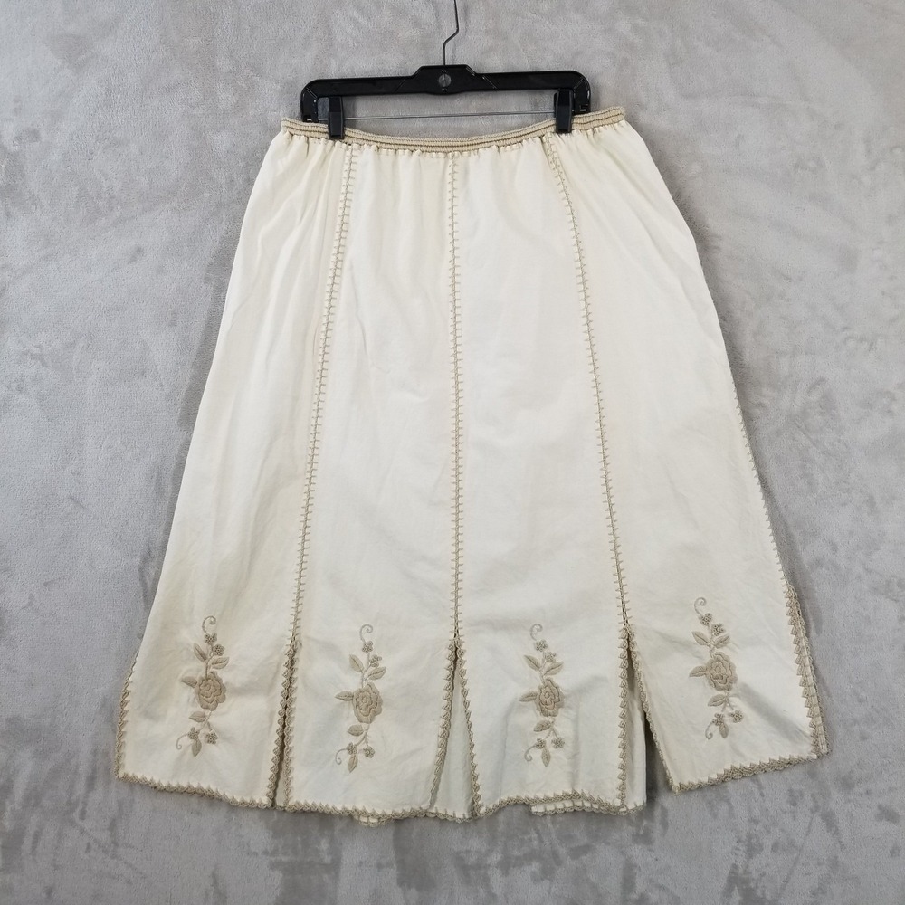 Embroidered Midi Skirt Womens Large Ivory 100% Cotton Crochet Panels Boho
